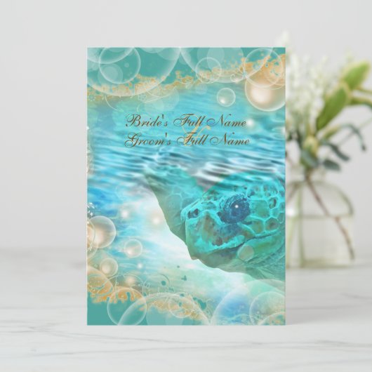 ビーチのテーマの結婚式のカメの青 招待状 (スタンド正面)