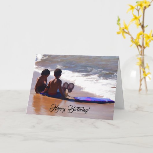 ビーチのハッピーバースデーの男の子 カード (黄色い花)