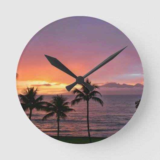 ビーチのハワイの熱帯日没 ラウンド壁時計 (正面)