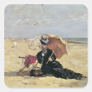 ビーチのパラソルを持つ女性、1880年 スクエアシール