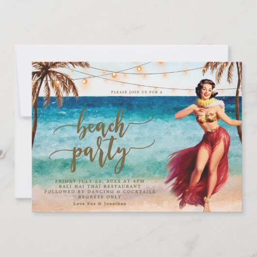 ビーチのパーティの招待状のヤシの木のフラ 招待状 (正面)
