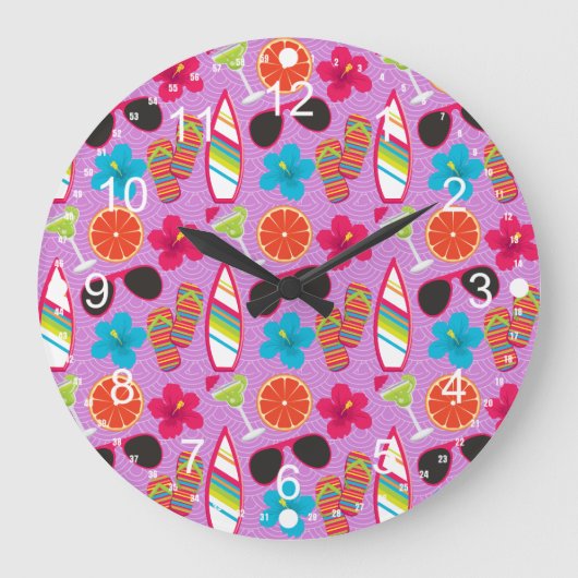 ビーチのパーティーのビーチサンダルのサングラスのBeachballの紫色 ラージ壁時計 (正面)