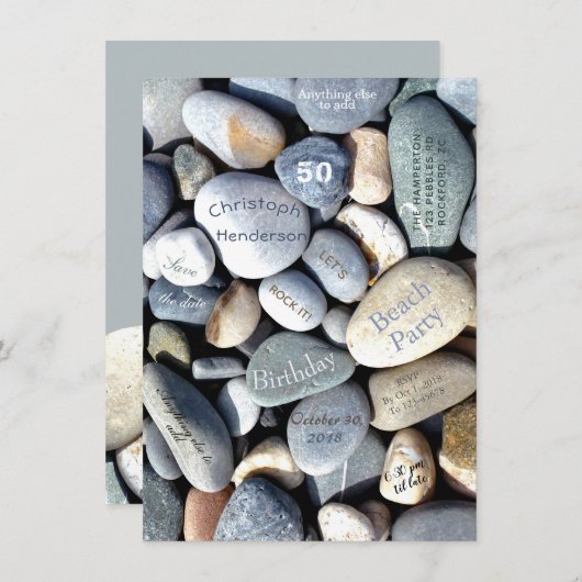 ビーチのパーティーの素朴な小石のスタイリッシュな第50誕生日 セーブザデート (正面/裏面)