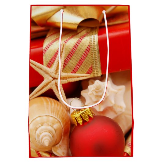 ビーチのヒトデそして海の貝のクリスマス ミディアムペーパーバッグ (裏面)