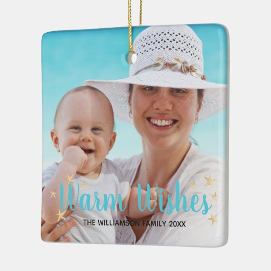 ビーチのヒトデは願いのクリスマスのカスタムの写真を暖めます セラミックオーナメント (左)