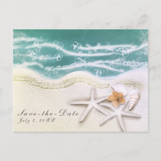 ビーチのヒトデ ティール色の海の水 Save the Date 案内ポストカード (正面)