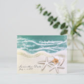 ビーチのヒトデ ティール色の海の水 Save the Date 案内ポストカード (スタンド正面)