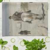 ビーチのファインアートに沿う馬に乗車 キッチンタオル (折り畳み)