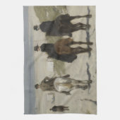 ビーチのファインアートに沿う馬に乗車 キッチンタオル (縦)