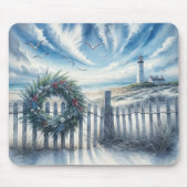 ビーチのフェンスのクリスマスリース マウスパッド (正面)