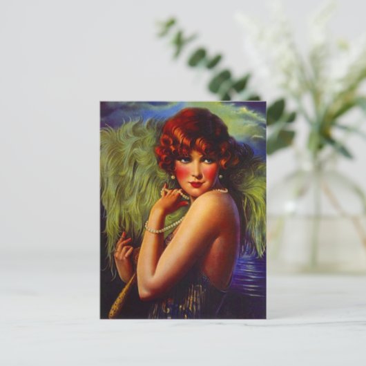 ビーチのフラッパーの女の子及び羽毛の郵便はがきの夜 ポストカード (スタンド正面)