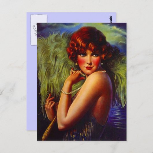 ビーチのフラッパーの女の子及び羽毛の郵便はがきの夜 ポストカード (正面/裏面)