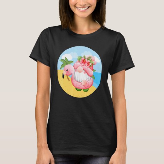 ビーチのフラミンゴと可愛い庭のノーム 女性用ス Tシャツ (正面)