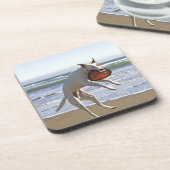 ビーチのフリズビーをつかまえる跳躍の後をつけて下さい コースター (左側)