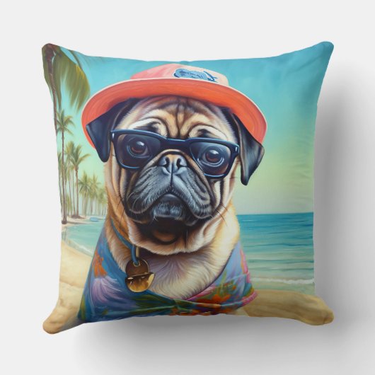 ビーチのプーグル 夏の犬グッズ 愛犬家へのギフト クッション (裏面)