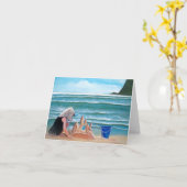 ビーチのメッセージカードの女の子の建物の砂の城 カード (黄色い花)