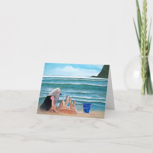 ビーチのメッセージカードの女の子の建物の砂の城 カード (正面)