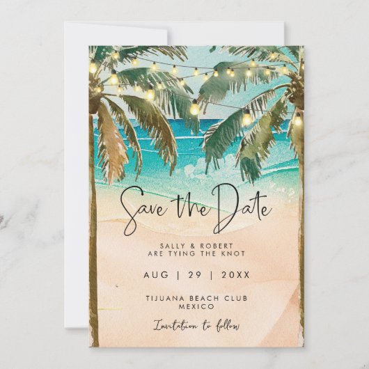 ビーチのヤシの木のライトは日付カードを保存 サンキューカード (正面)