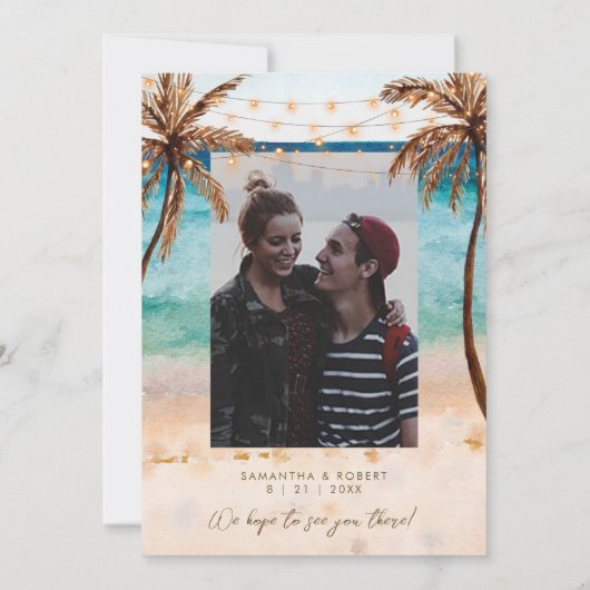 ビーチのヤシの木の写真は日付カードを保存 サンキューカード (裏面)