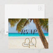 ビーチのラブハート ウェディング パーム 砂 サーフ 日付 インビテーションポストカード (正面/裏面)
