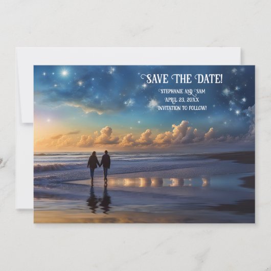 ビーチのロマンチックカップル Save the Date 招待状 (正面)