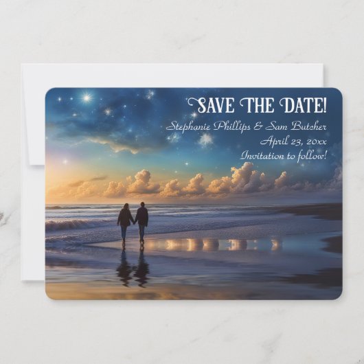 ビーチのロマンティックなカップル Save the Date 招待状 (正面)