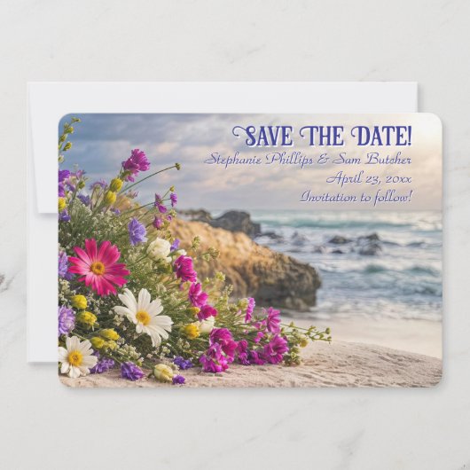 ビーチのロマンティックな美しい花々 Save the Date 招待状 (正面)