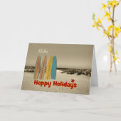 ビーチのヴィンテージのサーフボードが付いているクリスマスカード カード (黄色い花)