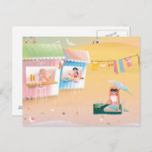 ビーチの人魚の日のかわいいイラストレーション ポストカード (正面/裏面)