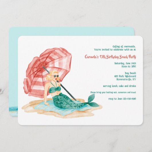 ビーチの人魚 招待状 (正面/裏面)