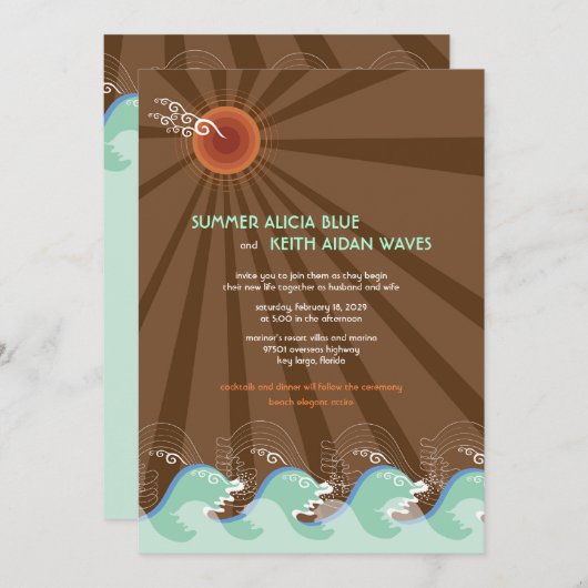 ビーチの夏のカッコいいの波のブラウン日曜日の結婚式の招待 招待状 (正面/裏面)
