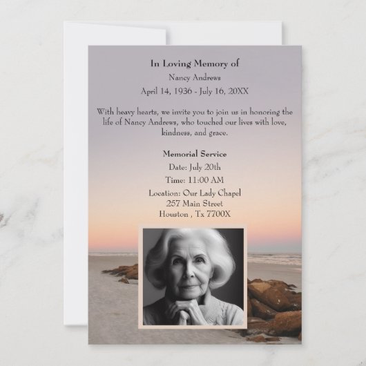 ビーチの夕日の思い出に追悼記念碑 招待状 (正面)