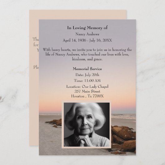 ビーチの夕日の思い出に追悼記念碑 招待状 (正面/裏面)