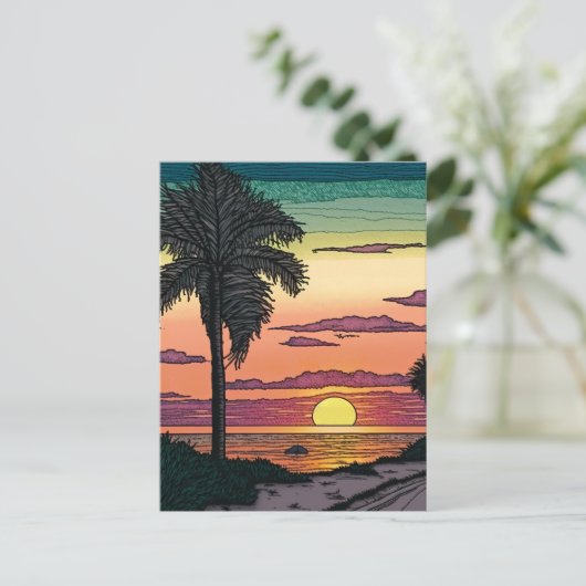 ビーチの夕日の色付き素晴らし鉛筆模様 ポストカード (スタンド正面)