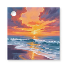 ビーチの夕日 水彩画 オーシャンアート