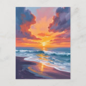 ビーチの夕焼け水彩画 海の絵 ポストカード (正面)