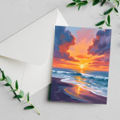 ビーチの夕焼け水彩画 海の絵 ポストカード