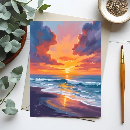 ビーチの夕焼け水彩画 海の絵 ポストカード