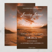 ビーチの夜の夕日が地平線結婚に 招待状 (正面/裏面)