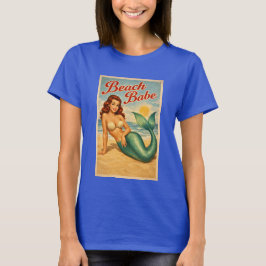 ビーチの妖艶な人魚のアートがプリントされたレトロな海岸ライフスタイルのTシャツ Tシャツ