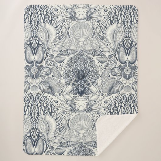 ビーチの宝物，貝殻，カニ，サンゴと海 シェルパブランケット (正面)