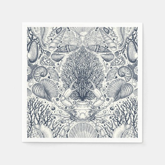 ビーチの宝物，貝殻，カニ，サンゴと海 スタンダードカクテルナプキン (正面)