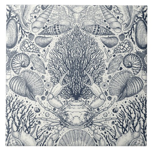 ビーチの宝物，貝殻，カニ，サンゴと海 タイル (正面)