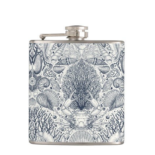 ビーチの宝物，貝殻，カニ，サンゴと海 フラスク (正面)