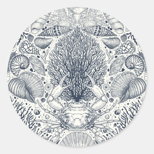 ビーチの宝物，貝殻，カニ，サンゴと海 ラウンドシール (正面)