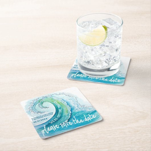 ビーチの島の波の結婚式の保存日付 スクエアペーパーコースター (インサイチュ)
