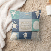 ビーチの幸せな場所の青い水の古い木製の海の枕 クッション (ブランケット)