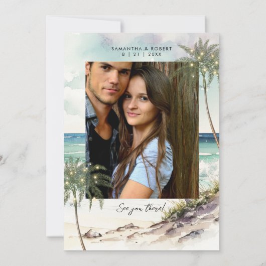 ビーチの手のひらの木の写真を保存する日付カード サンキューカード (裏面)