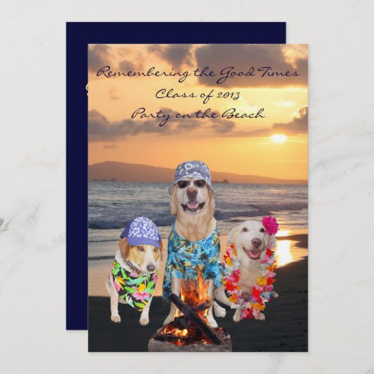 ビーチの招待状のおもしろい犬の卒業パーティー 招待状 (正面/裏面)