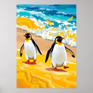 ビーチの散策ペンギン – 鮮やか海アート ポスター